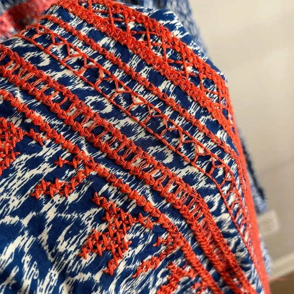 THML Blue Red Embroidered Boho Maxi Dress M Ikat Print Sleeveless Summer - Picture 5 of 7
